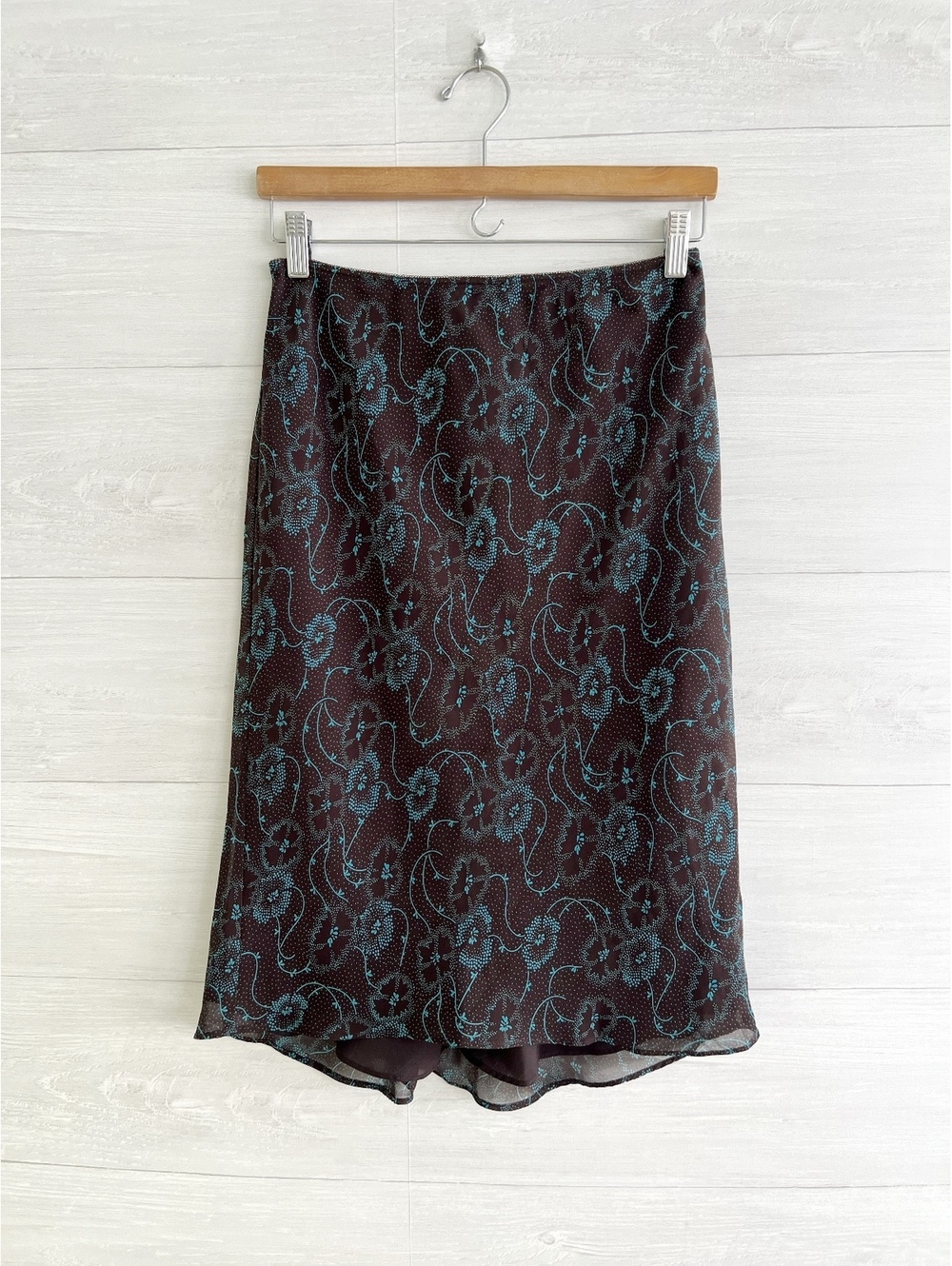 Vintage Y2K Express Brown Teal Floral Hi Low Midi Skirt S Stretch 90s